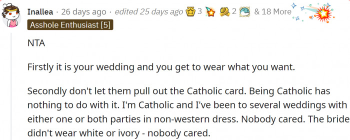 The Redditors believe OP is right. After all, no church law says what a bride should wear. It only needs to be respectful.