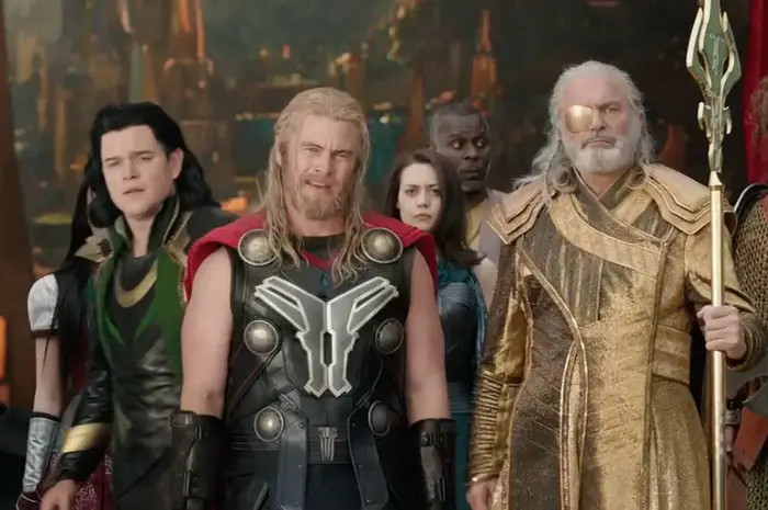 1. Matt Damon, Sam Neill, and Luke Hemsworth acting as Loki, Odin, and Thor in Thor: Ragnarok