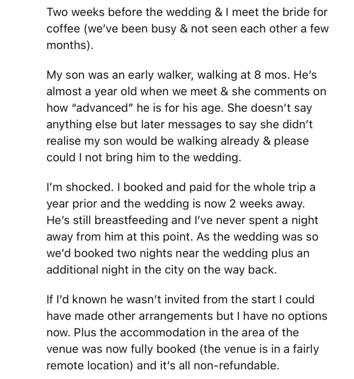 The bride told OP not to bring her baby to the wedding, as he was already walking