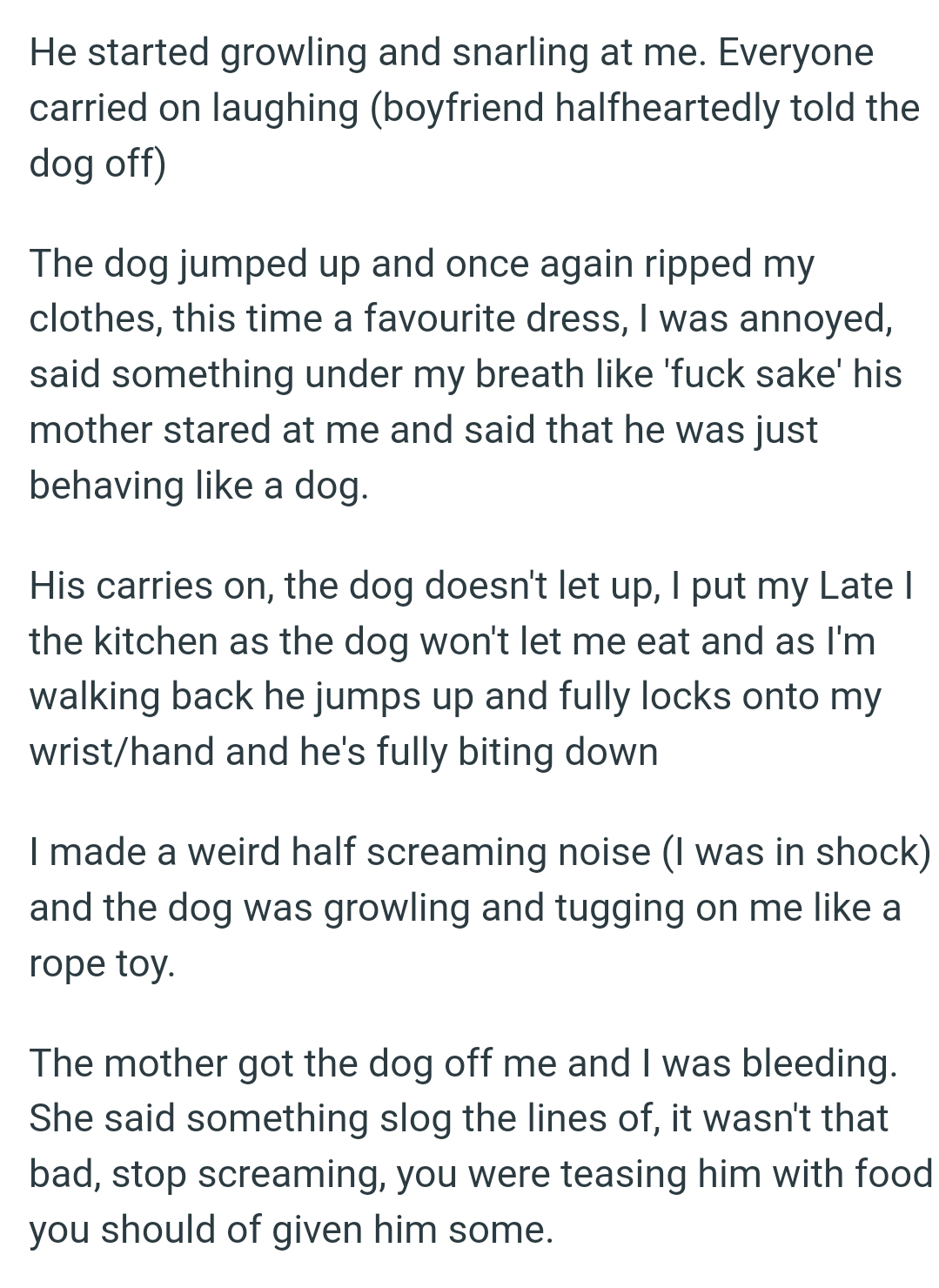 BF's mother stared at the OP and said that the dog was just behaving like a dog
