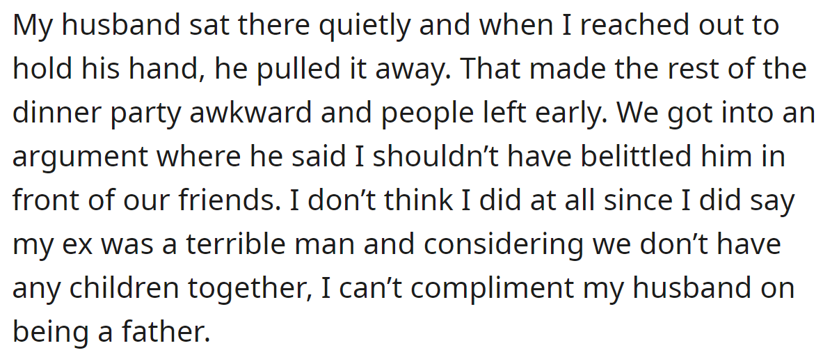 This comment hurt her current husband because he felt like she was comparing him to her ex: