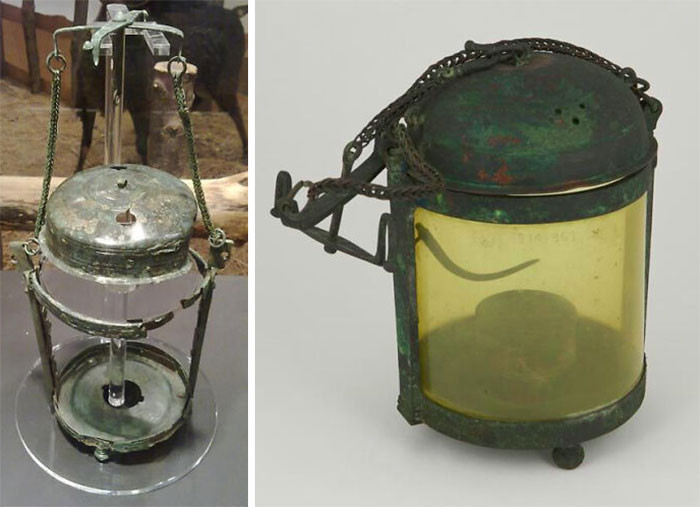 20. The sole preserved bronze lantern from ancient Rome displayed alongside a replica, can be found at the Museo Archeologico Girolamo Rossi in Ventimiglia, Italy.
