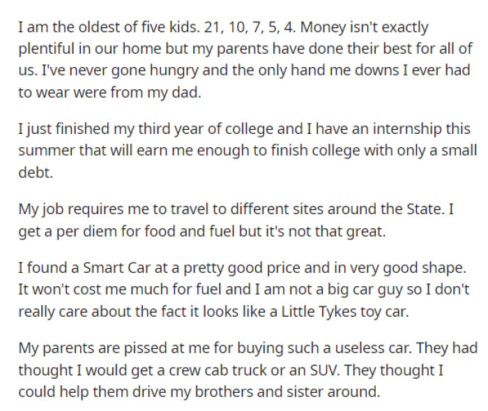 OP starts off his post by saying that he is the oldest of his siblings and that he recently bought a new car that works perfectly for his needs, but basically his parents aren't cool with his decision.