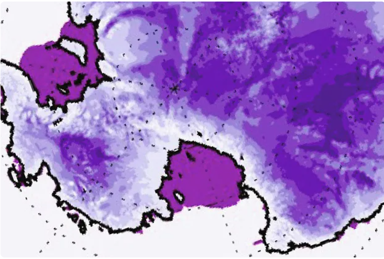 1950s map showing Antarctic ice sheet levels.