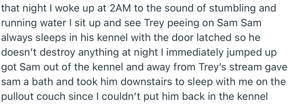 OP woke up to a shocking sight. She walked in on Trey peeing on their dog