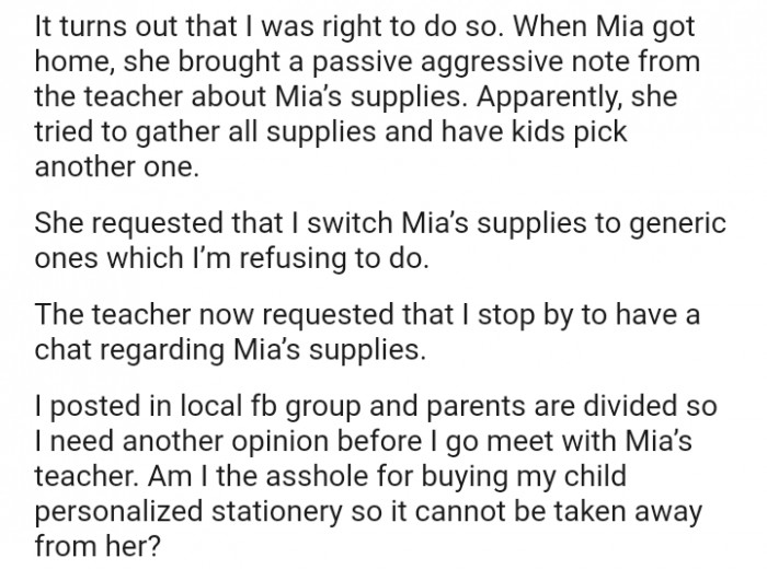 Now OP has received a note from Mia's class teacher requesting that she switch everything to generic supplies.