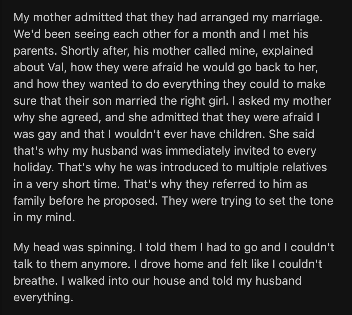 OP's head reeled when her parents confessed to arranging her marriage with her husband because they feared she was gay and that she would never have kids.