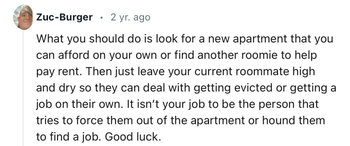 “Look for a new apartment that you can afford on your own or find another roomie to help pay rent.”