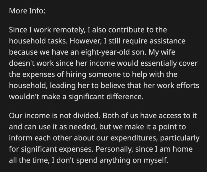 OP added a few more details. He and his wife can access their saving whenever they please but they inform each other of their expenses.