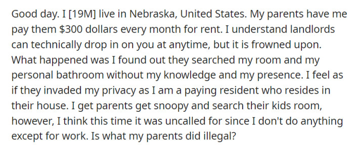 OP, residing in Nebraska, pays his parents $300 monthly for rent.
