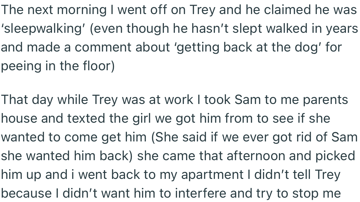 The next morning, Trey claimed that he was sleepwalking. But OP was done. She called the girl they had adopted the dog from and returned it back