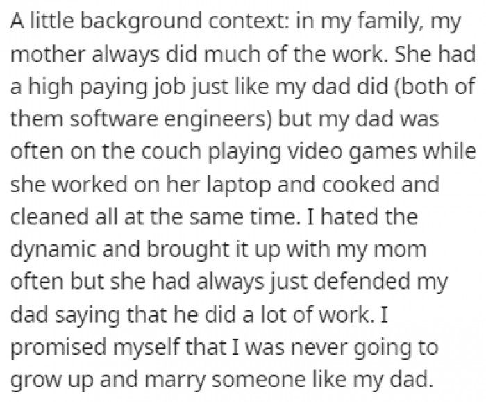 OP's parents were both high-earners, but her mom was the one who would the majority of the house chores