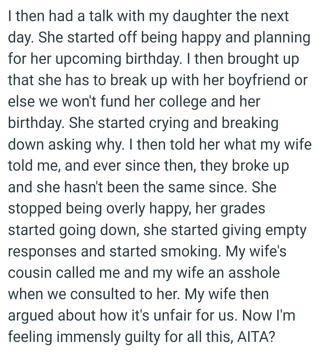 They broke up and OP's daughter hasn't been the same since