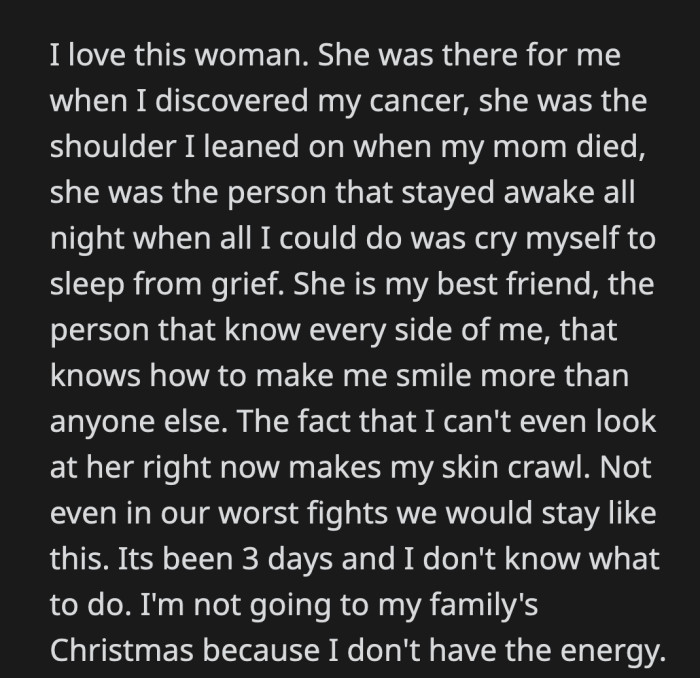 OP felt a myriad of emotions. He was heartbroken that he couldn't even look at his wife. She was there during the lowest points of his life. After the confrontation, they haven't even spoken and stayed in different rooms.