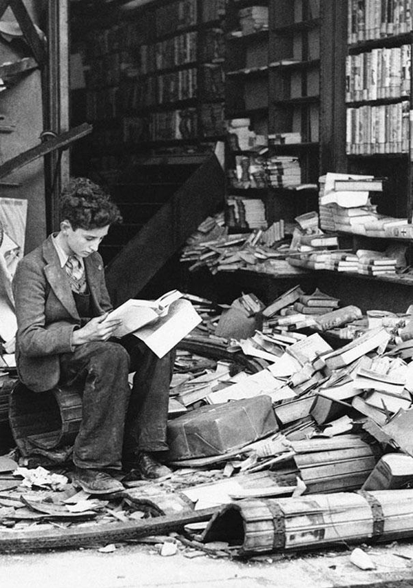 London bookstore laying in ruins as the aftermath of an air raid in I940