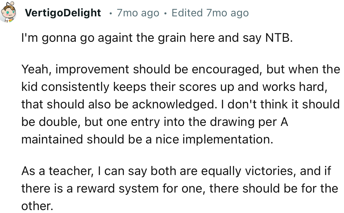 “NTB. Improvement should be encouraged, but when the kid consistently keeps their scores up and works hard, that should also be acknowledged.“