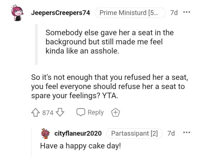 You feel everyone should refuse her a seat too