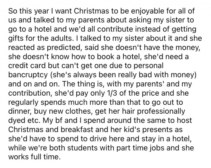 So, this year, the OP suggested that her sister and nephew stay in a hotel. But, of course, the sister wasn't impressed and came up with every possible excuse as to why that wouldn't be a good idea.