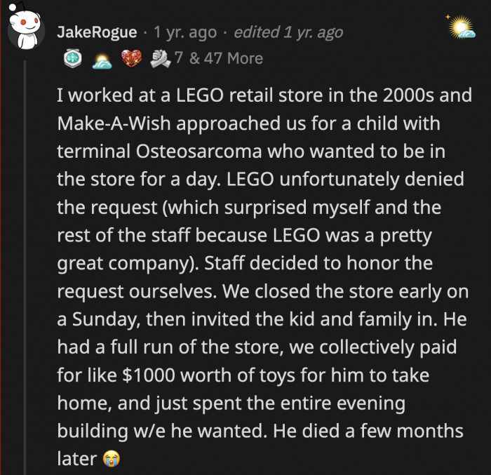 1. That one Sunday at the LEGO store with the friendly employees was probably one of the highlights of the kid's life before he passed