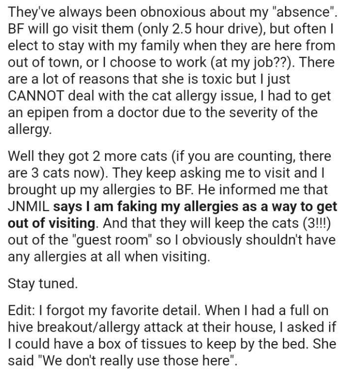 The OP just cannot deal with the cat allergy issue, so she had to get an epipen from a doctor due to the severity of the allergy