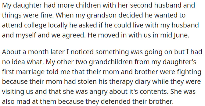 OP learned about a family conflict when her daughter took her son's therapy journal without permission.