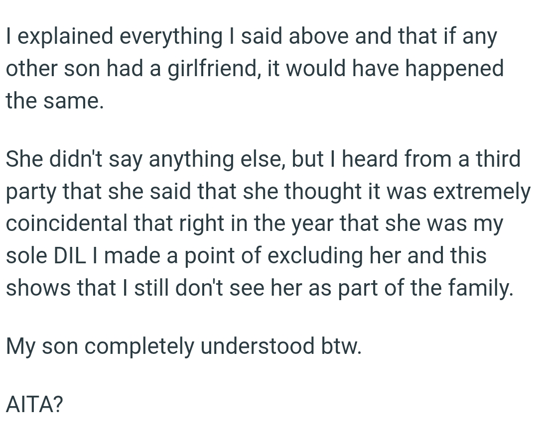 The OP made a point of excluding her which shows that she still doesn't see her as part of the family