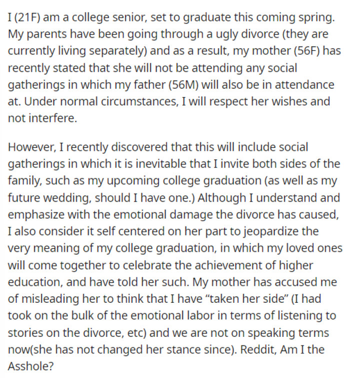 OP starts off her post with explaining what the issue is, when her parents divorced, and just overall what was going on with the situation all together.