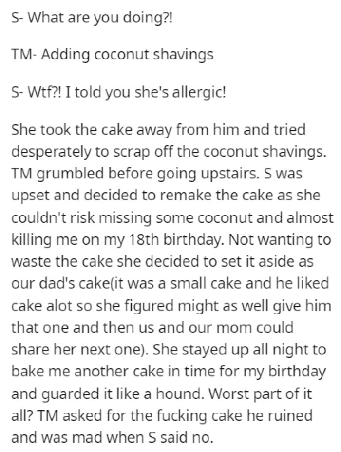 The sister wasn't going to risk it so she stayed up late to make another cake for OP