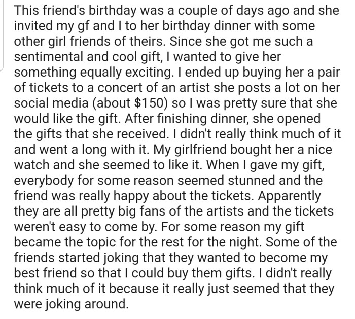 OP got his girlfriend's best friend an expensive give to return the favor