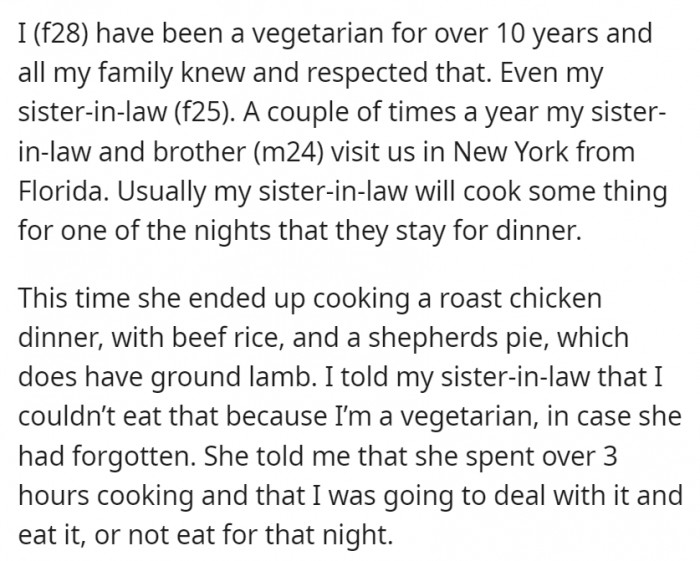 Redditor Refuses Non-Vegetarian Meal Her Sister-In-Law Cooked And Drama