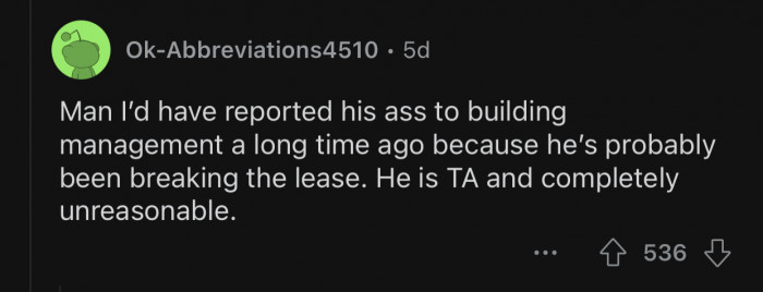 OP's behavior is unreasonable and potentially breaks the lease.