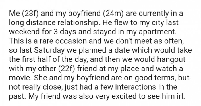 The OP's boyfriend flew into the city to be with her for three days