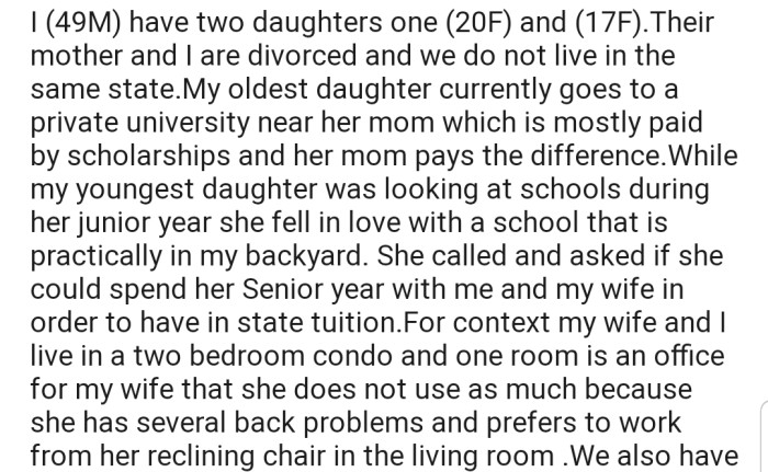 OP's daughter was interested in getting into a school close by and asked to move in with him in order to qualify for in-state tuition