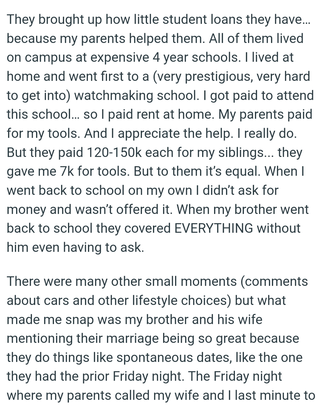 When OP's brother went back to school, his parents paid for everything