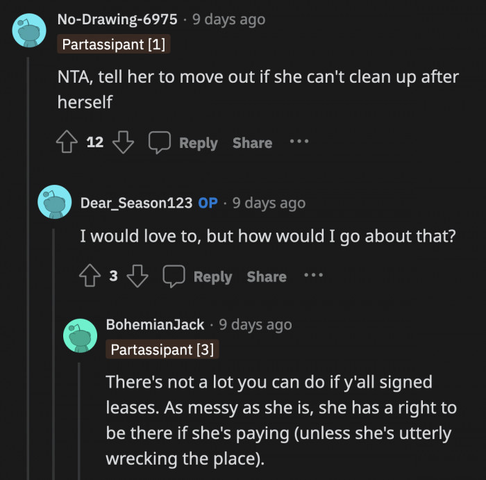 If the situation becomes dire enough, OP can inform their landlord abut Alissa's mess but until then, all they can really do is sit down and have a discussion