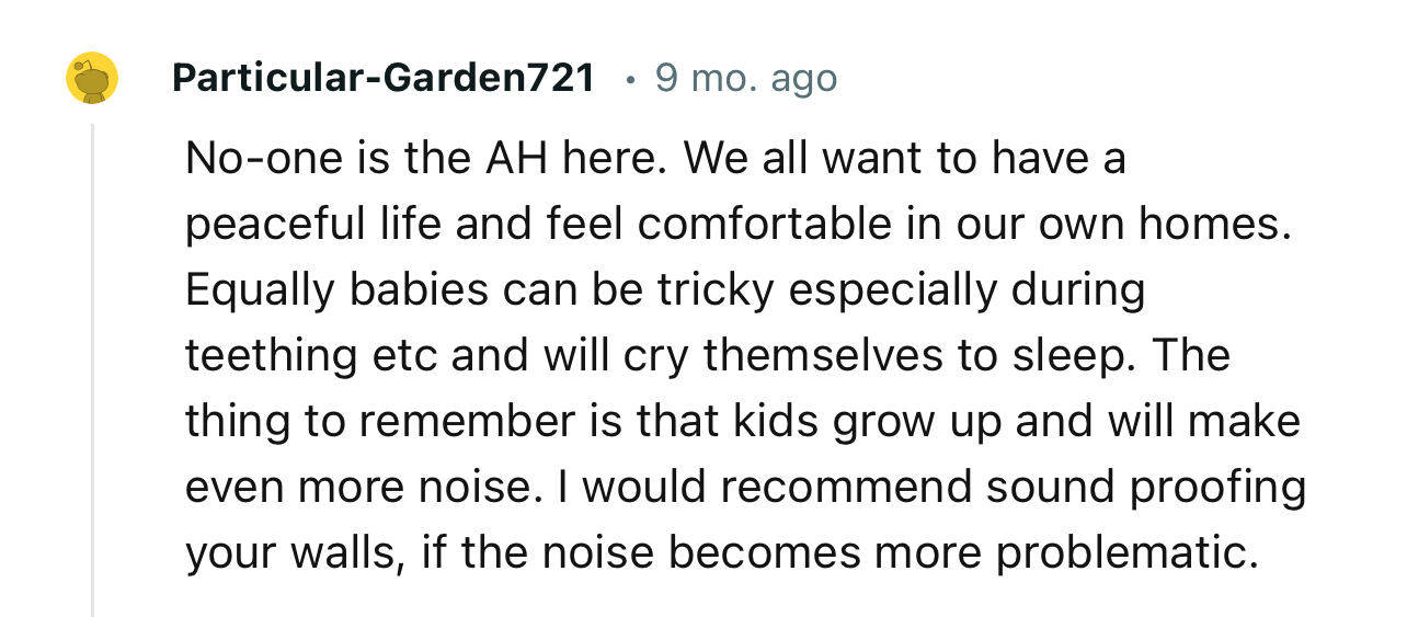 “I would recommend sound proofing your walls, if the noise becomes more problematic.“