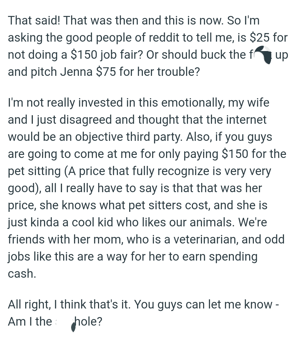 Couple Argues On Percentage To Pay To Teen Petsitter For Cancelling