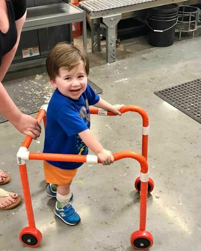 2. Home Depot staff makes this kid his own walker out of PVC pipes after parents told them that the insurance company might not pay for it and they did it all for free