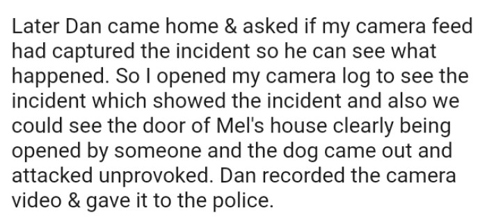 The OP opened the camera log to see the incident which showed the neighbor was at fault