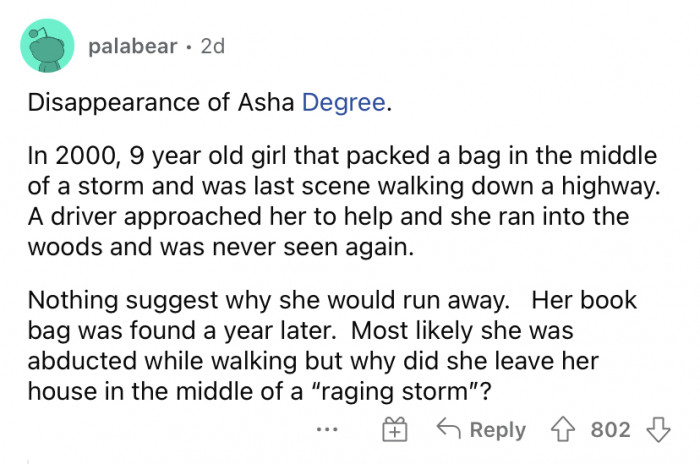 1. The disappearance of Asha Degree, 2000