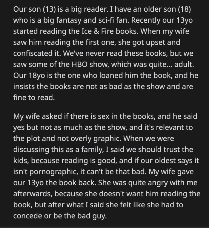 They had a family meeting about it and OP told his wife that they should trust their kids. His wife did not want to look like the bad guy, so she gave the book back to their youngest.