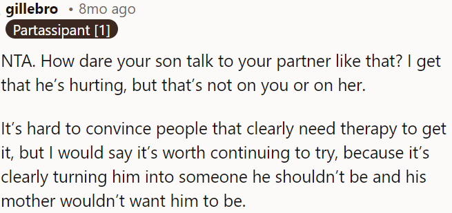 OP's son shouldn't speak to OP's partner that way.