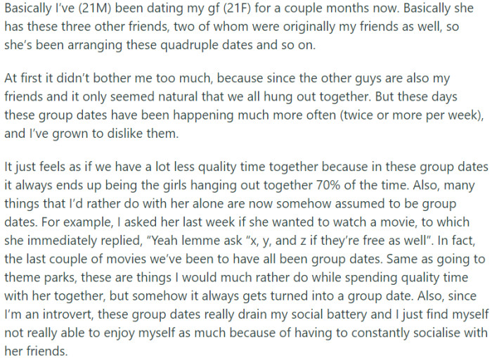 Redditor wonders how to handle discomfort with frequent group dates in