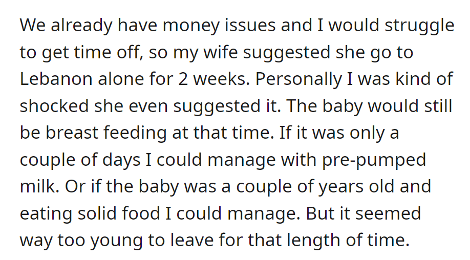 The wife suggested a two-week trip to Lebanon alone, leaving their breastfeeding baby, worrying the husband due to financial and time constraints.