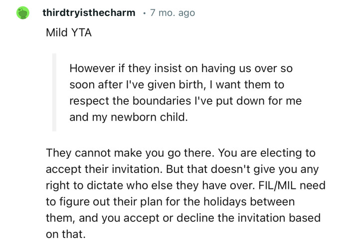 “FIL/MIL need to figure out their plan for the holidays between them, and you accept or decline the invitation based on that.“