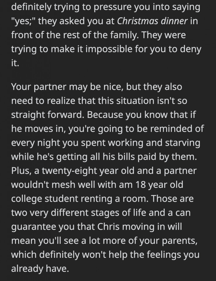 OP’s partner should take on another perspective to truly understand where he is coming from and how it would be to live with Chris