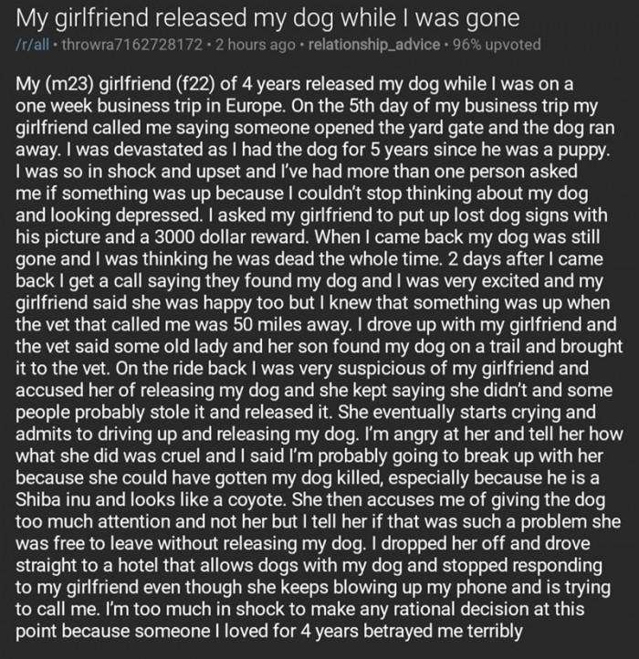 This OP took to the Reddit community to share how his girlfriend released his dog while he was away for a business trip