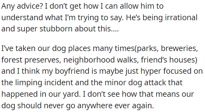 Despite their dog having fun on various outings, her boyfriend is fixated on past incidents like limping and minor attacks.