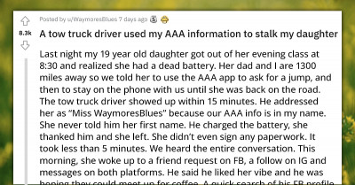 Mother Of A 19-Year-Old Furiously Vents On Reddit After A AAA Driver Used Her Private Account Information To Stalk Her Daughter On Social Media