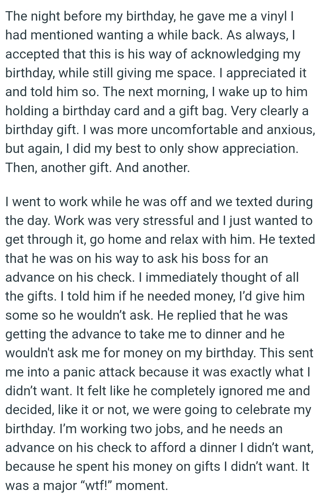 The OP woke up to him holding a birthday card and a gift bag
